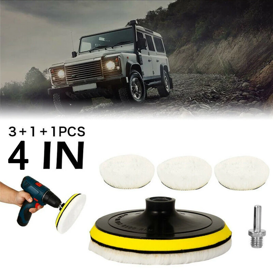 

5Pcs Set 4" Wool Buffing Polishing Pads With Sticky Disc & Rod Car Waxing Polishing Disc Electric Drill Buffing Wheel Fittings