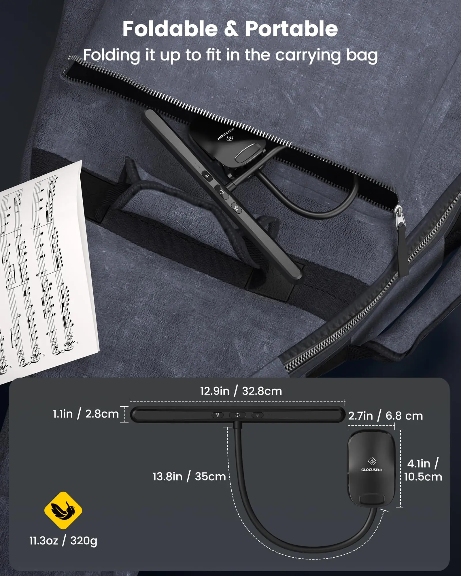 Glocusent Foldable Long-Lasting Clip on Dimmable Brightness Adjustable Led Music Stand Light Piano Musical Sheet Lamp