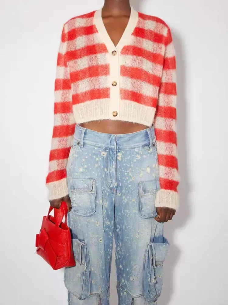 

Women's Cardigan 2023 V-Neck Single Breasted Red Striped Thin Versatile Knit Short Sweater