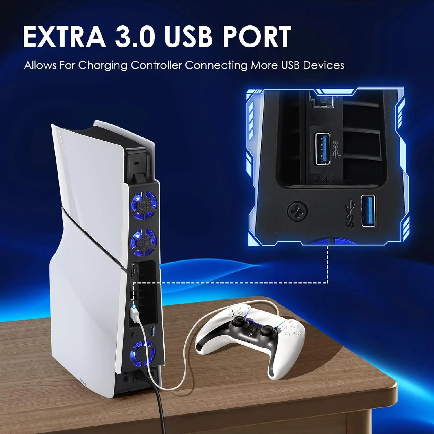 조명이 있는 조용한 냉각 선풍기 스테이션, PS5 슬림 게임용 액세서리, USB 3.0 허브 포트 냉각 시스템