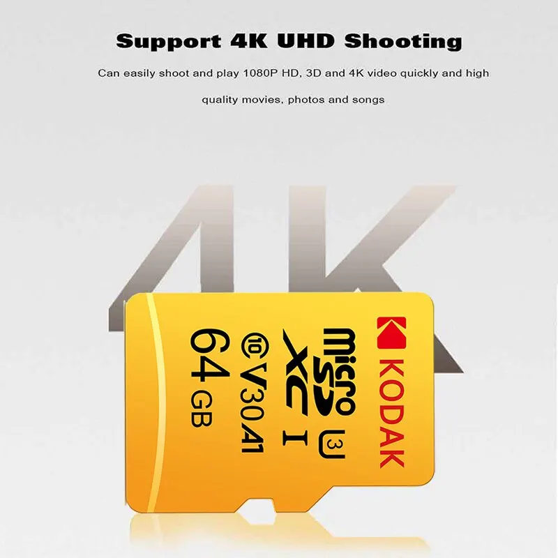 Kodak Micro SD 카드 메모리 카드 클래스 10 64GB U3 4K 고속 Cartao De Memoria 플래시 메모리 TF 메카드 C10