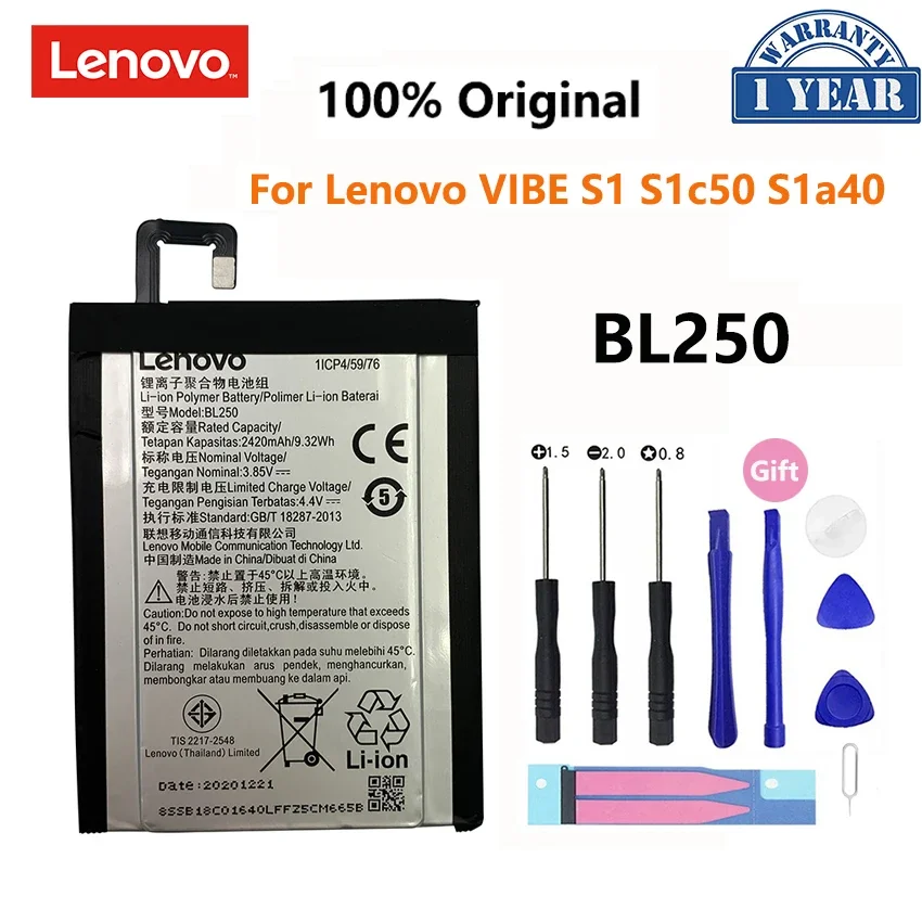 

100% Оригинальный аккумулятор BL250 2420 мАч для Lenovo VIBE S1 S1c50 S1a40 S1Lite S1La40, аккумуляторные батареи для телефона, батарея