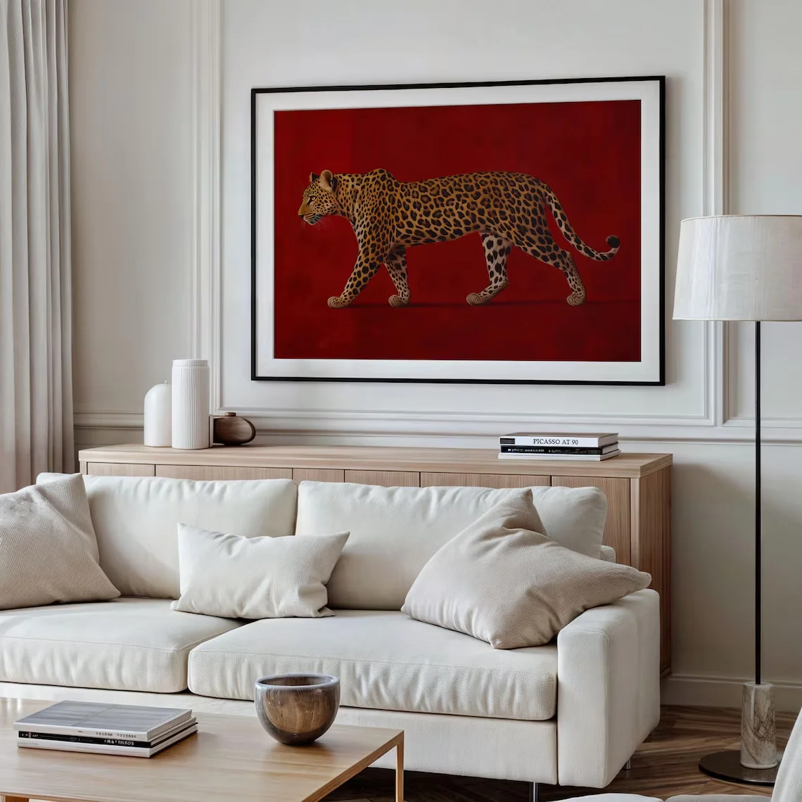 Red Leopard Oil Painting - Framed Poster, Burgundy Vintage Artwork, Luxe Masculine Decor