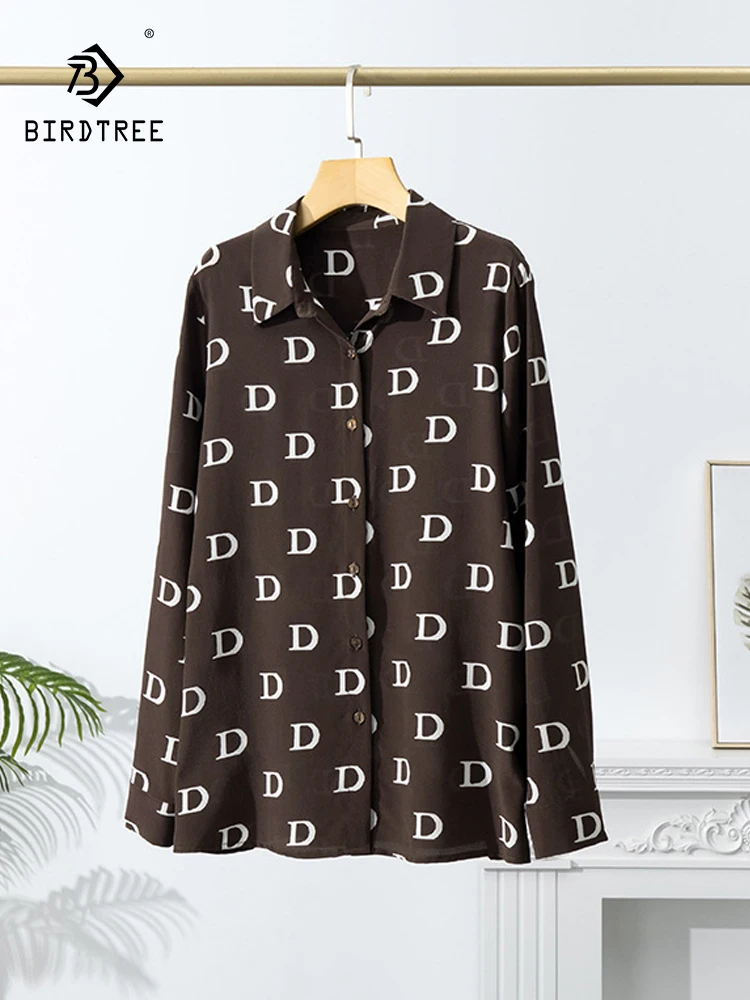 

Birdtree, 100% натуральный шелк, элегантная Свободная рубашка, женские блузки с длинным рукавом и принтом, 2024, весна-осень, офисные женские топы, новинка, T3D962QC