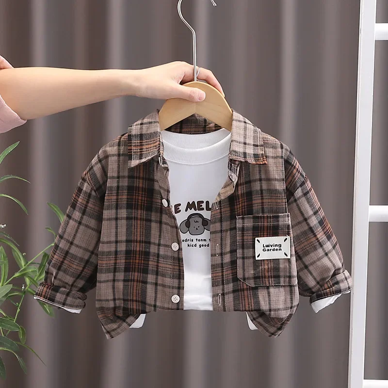 Spring Outfit Set for Boys And Girls Plaid Shirt Color Block Design Korean Style Baby Boys Spring Fashion Children's Clothing