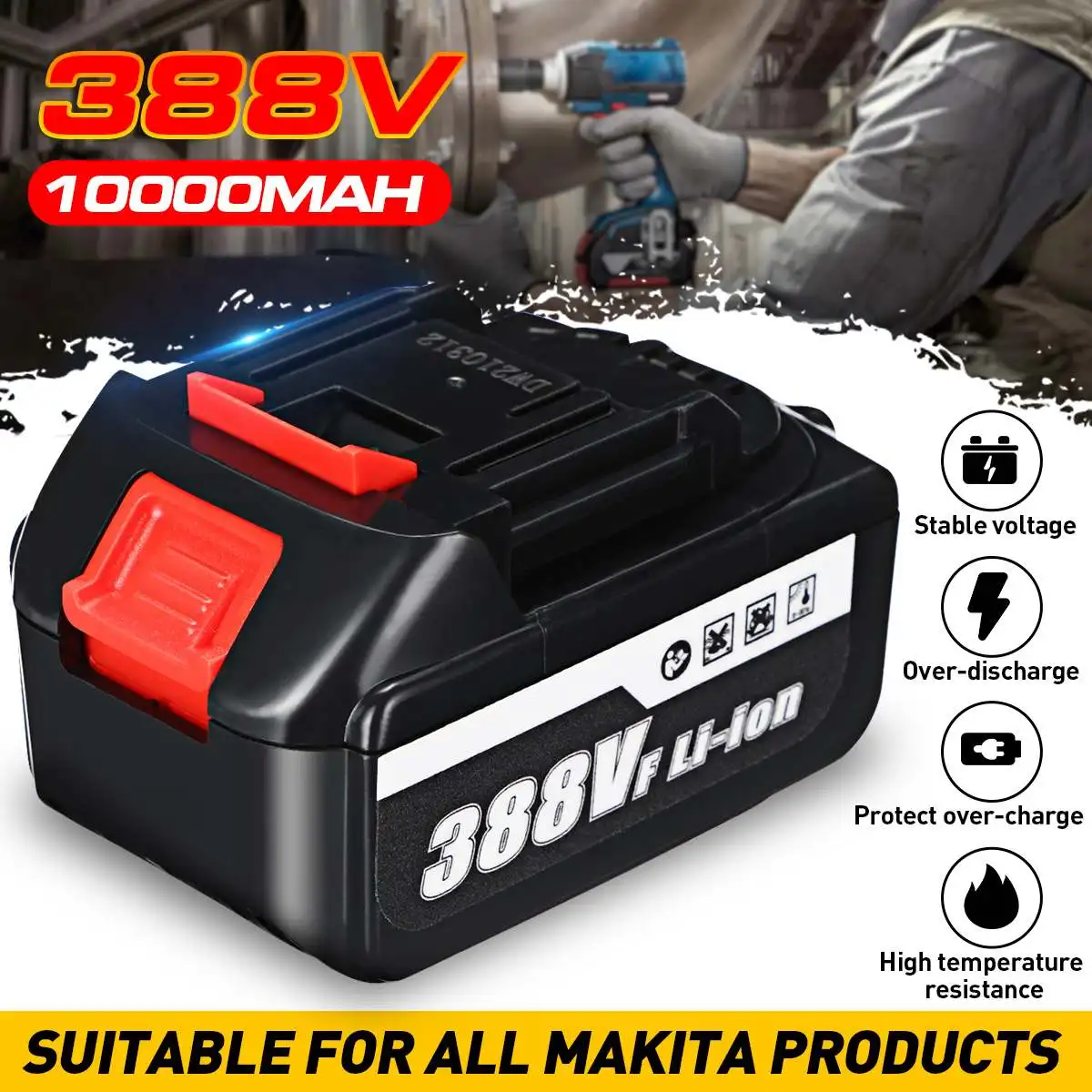 

1pcs 388VF Lithium Battery for Makita Interface 10000mAh Rechargeable Battery for Electric Wrench Drill Angle Grinder Power Tool