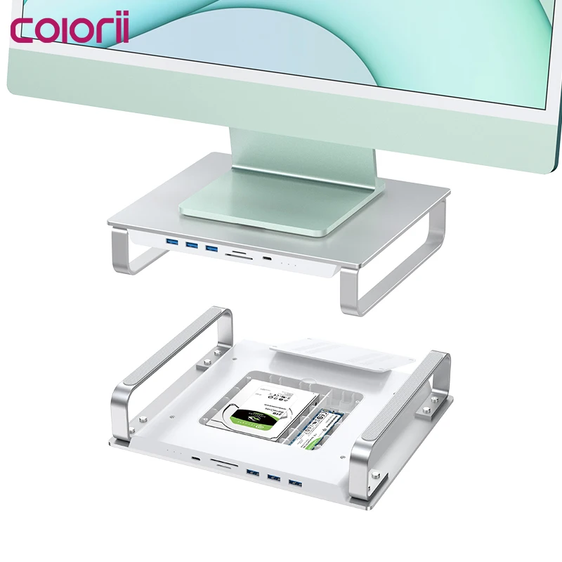 Colorii Monitor Stand Riser USB-C Hub with Dual Hard Drive Enclosure for Mac Mini M1 iMac 2021 Macbook Pro PC Laptop Desk Holder