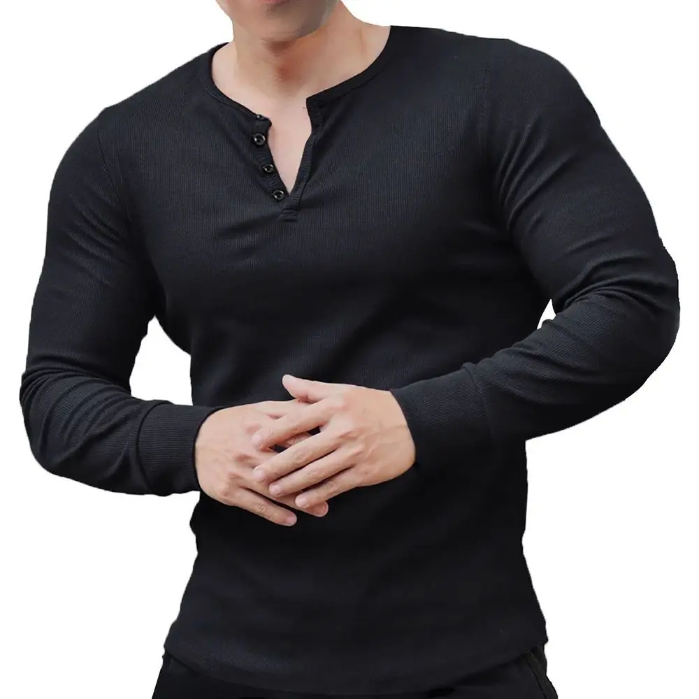 

2023 Autumn sports long-sleeved men's outdoor fitness henley shirt cotton henley collar t-shirt American training tights