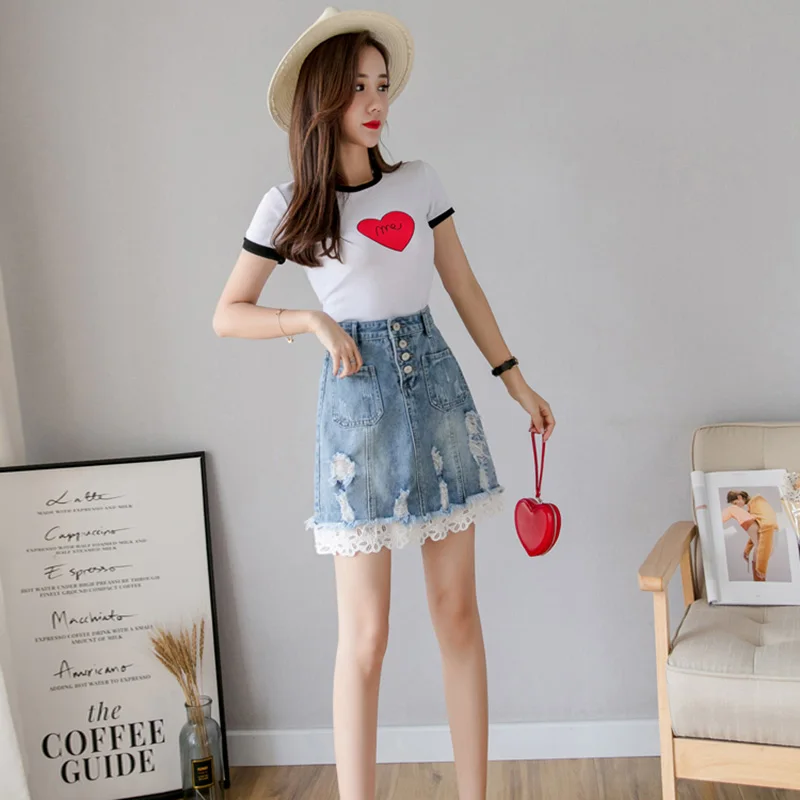 New Women Mini Denim Skirt Summer Fashion Lace Patchwork Hole High Waist Slim Jeans Skirt Youth Sweet Single Breasted Skirt