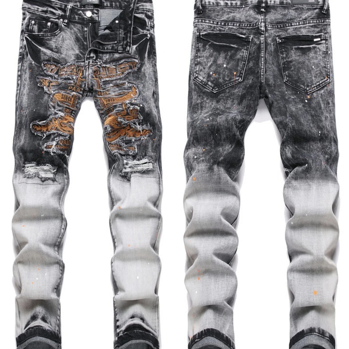 Leather Star Embroidered Jeans Men with Island Pattern Small Foot Slim Fit Perforated Pants Worn Loose Vintage Stretch Street 23