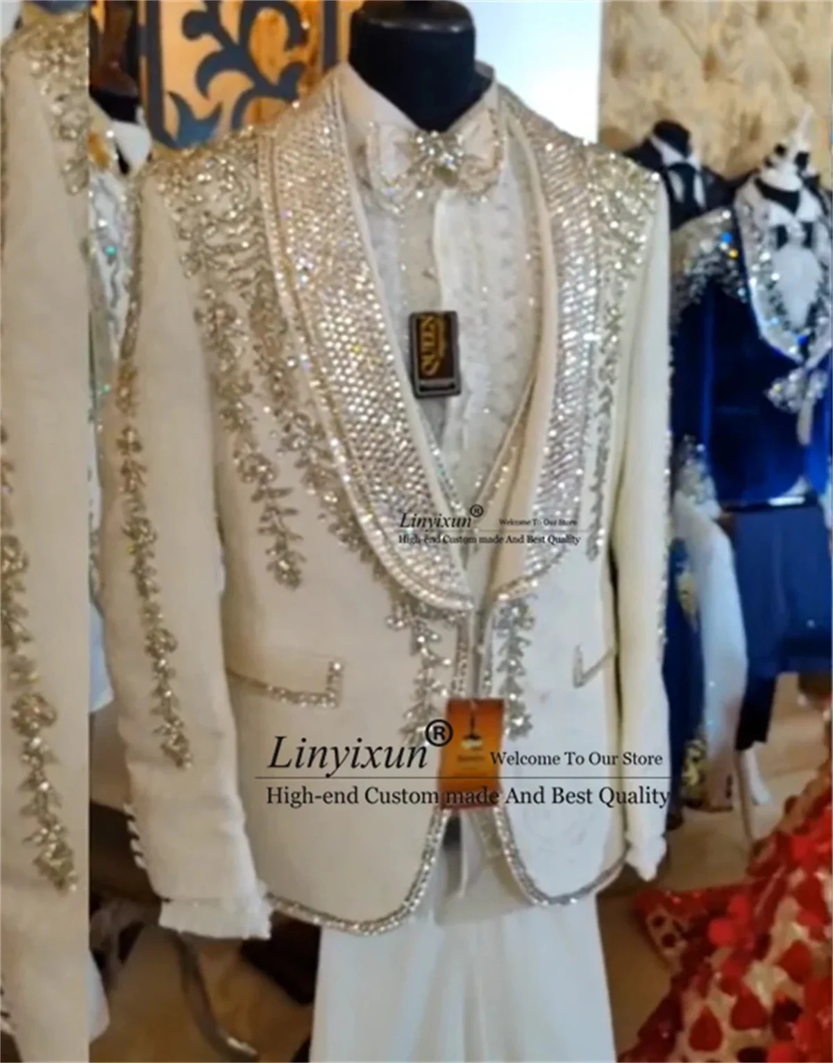 Stunning Crystal Diamond Men Suits 3 Pieces Sets Wedding Groom Tuxedo Glitter Lapel Male Prom Blazers Customized Costume Homme 3