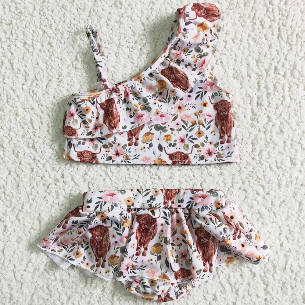 Wholasale Baby Girl Clothes Swimwear Boutique Girls Swimsuit Cow Flower Toddler Girls Dress Romper Pajamas Sibling Clothing Set