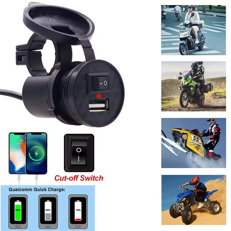 Waterproof USB Motorcycle Handlebar Charger with Light Switch