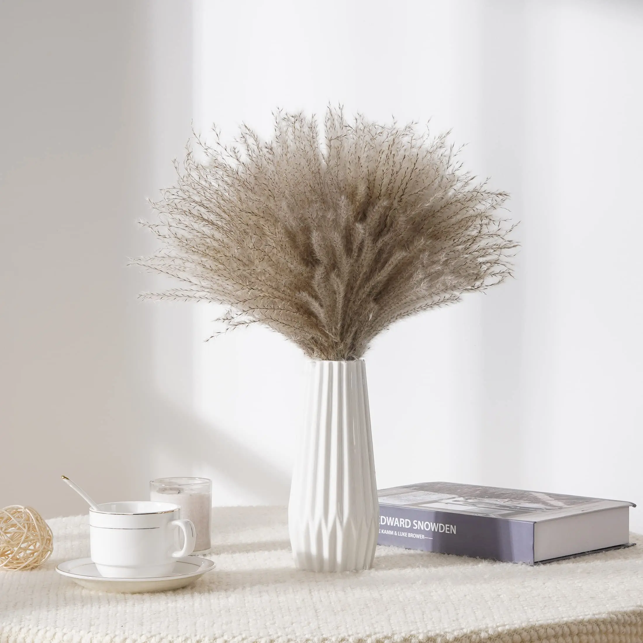 

50Pcs Natural Reed Pampas Grass Boho Decor for Vase,Fluffy Pompas Grass Dried Boho Flower,Wedding Floral Arrangements Room Decor