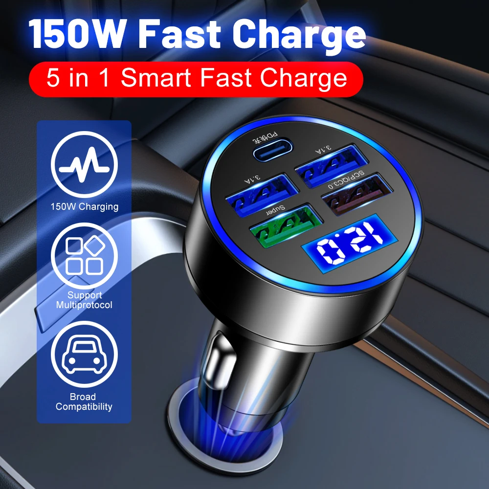 AIXXCO 5 Ports 150W Car Charger Fast Charging PD QC3.0 USB C Car Phone Charger Type C Adapter in Car images - 6