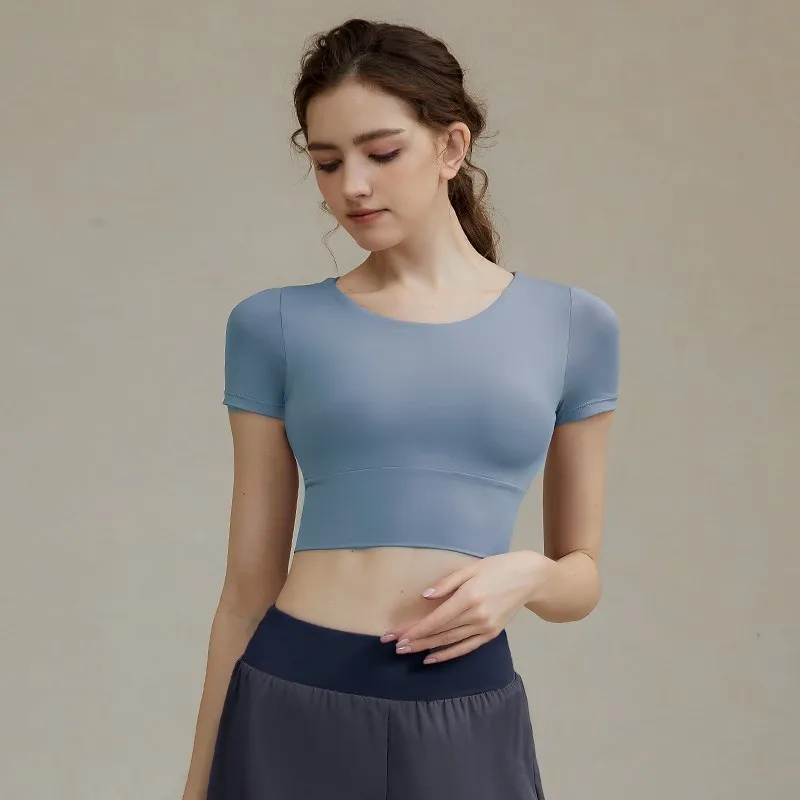 Women Summer Breathable Tee Cross Back Yoga Shirts Nylon Spandex Crop Top Gym Sports Shirt Workout Open Back Top Short Sleeve