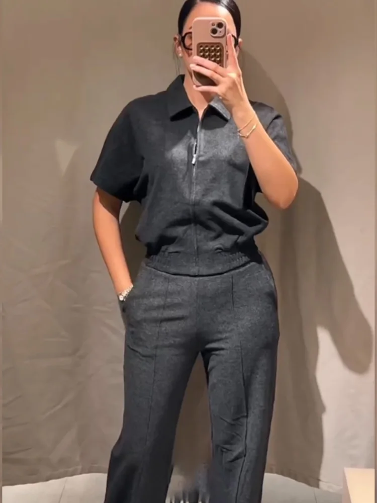 HH Women Elegant Short Sleeve Lapel Zipper Vest+High Waisted Elastic Waist Pockets Wide-leg Pants Soft Autumn 2-Piece Set 3