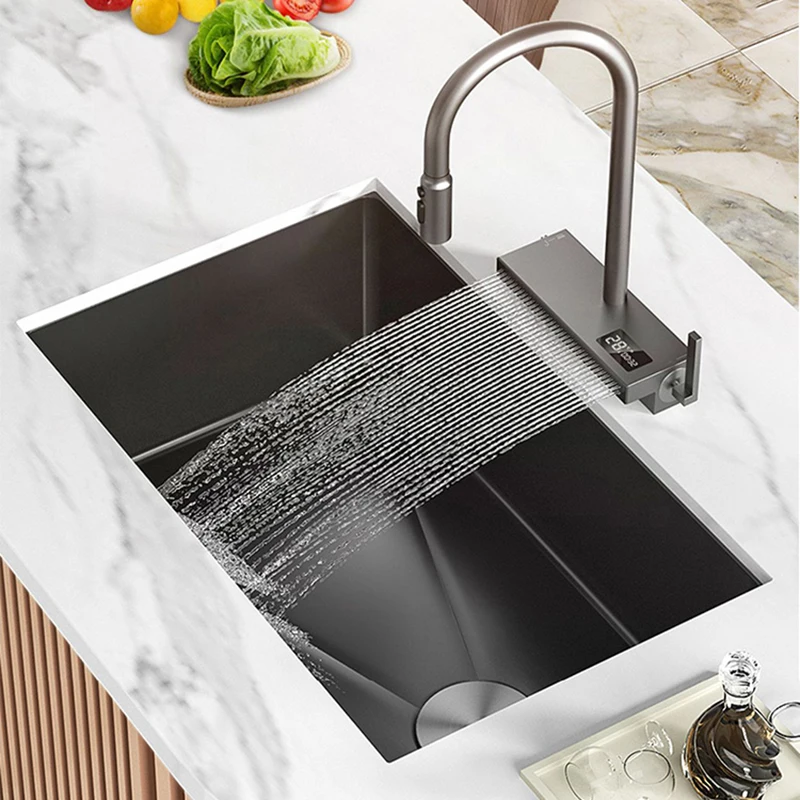 Black Vegetable Washing Basin Large Single Slot Kitchen Sink Nano 304 Stainless Steel Tank Household Sink Under The Table Sink