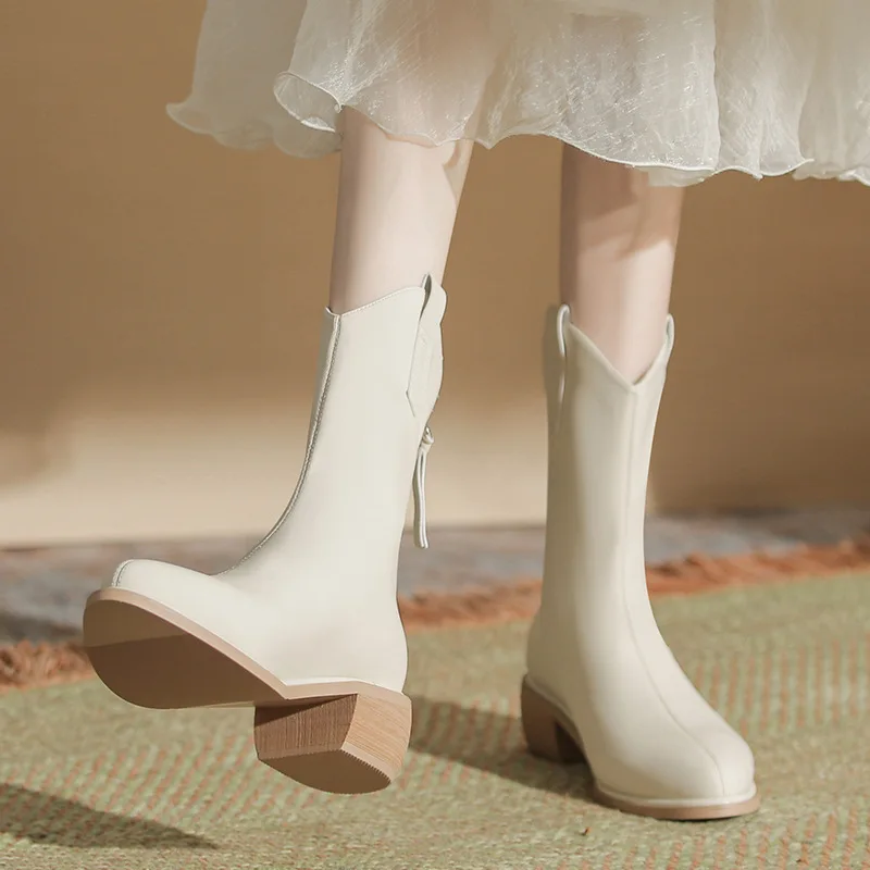 

Zip Buckle Botines White Low Square Heel Botas Pointed Toe Botas Mujer Zipper Zapatos Mujeres Shallow Boots Sewing Solid Shoes