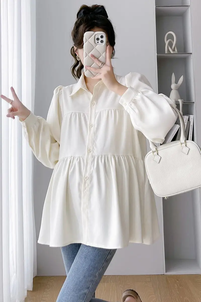 Korean Style Maternity Formal Shirts Long Sleeve Loose Turn-down Collar Button Fly Pregnant Woman Ball Gown Blouse Pregnancy Top 5