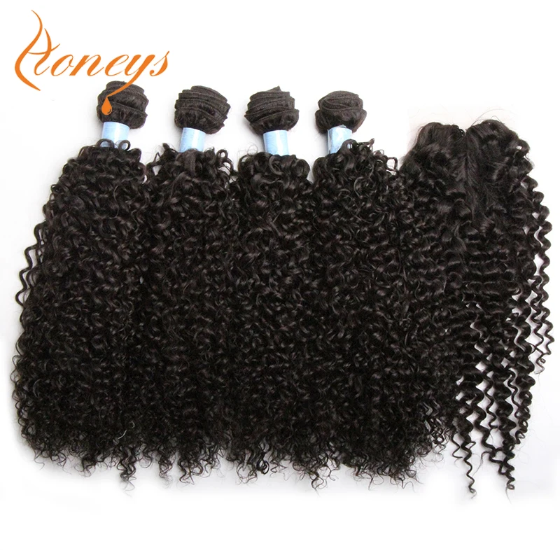 Synthetic Hair Curly Weave 5Pieces/Lot Afro Kinky Curly Hair Bundles With Closure Mixed Human Extensions For Black Woman