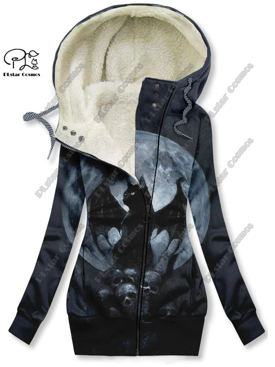 New 3D printed flower series flower skull pattern velvet warm women's long zipper hoodie jacket commuting casual winter H-4