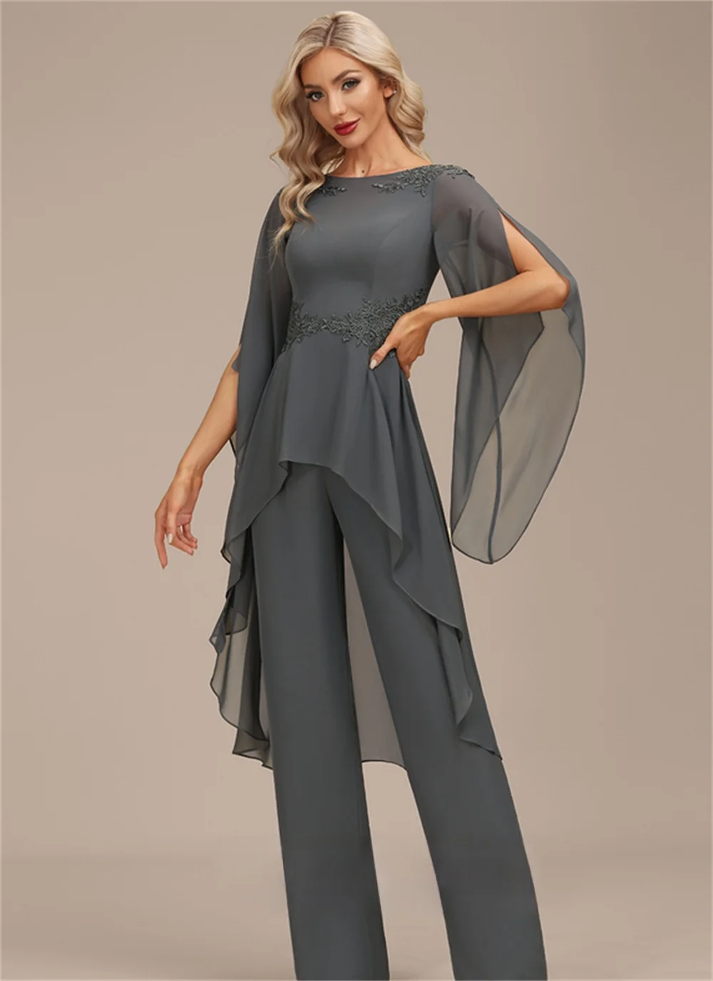 

Jumpsuit/Pantsuit Separates Boat Neck Floor-Length 2022Train Applique Ladies Ruched Formal Prom Evening Party Dress Short Sleeve