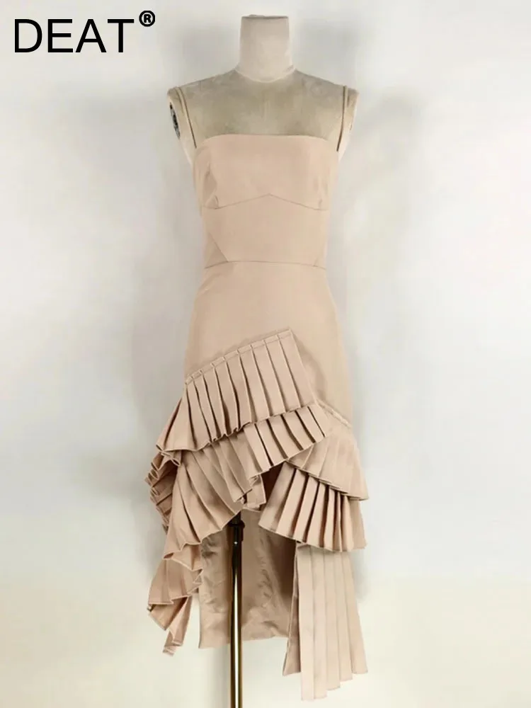 

DEAT Camisole Stack Pleated Backless Waist For Women Sleeveless Mid-length Evening Party Dresses Spring Female 2024 New 13DB2467