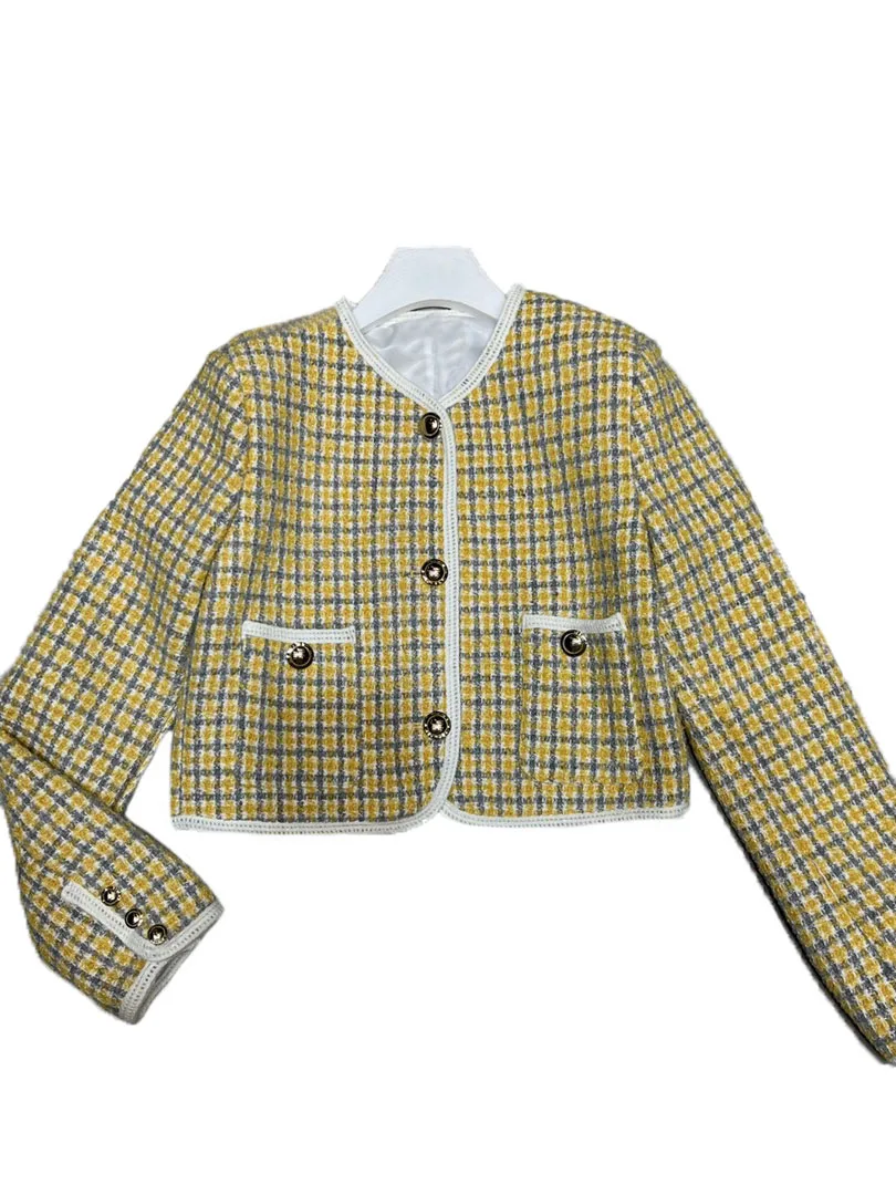 

Кардиган, куртка с круглым вырезом, короткая Приталенная модель цвета столкновения, клетчатый дизайн, теплый и удобный зимний сезон 2023, новинка 1111