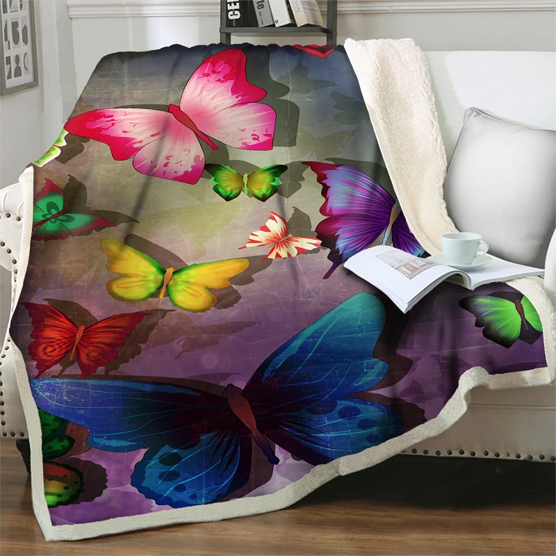 

Colorful Butterfly Sherpa Blanket on Bed Cartoon Plush Throw Blanket Soft Warm Home Bedspread Sofa Portable Quilt Nap Cover Gift