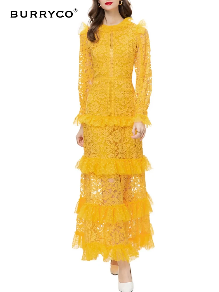 

BURRYCO Women's New 2023 Autumn Original Design Embroidered lace Patchwork With Ruffle Edge Cake Dress