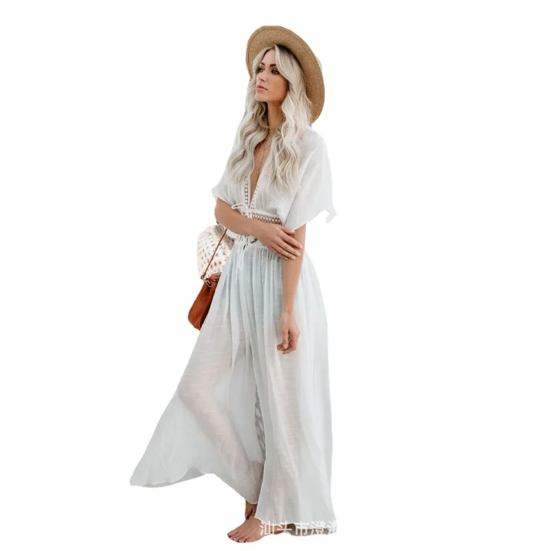 2024 Summer Bikini Cover Ups Women Boho Hollow Out Sexy Beach Swimsuit Lace-Up V Neck Long Maxi Dresses Sun Protection Cardigan