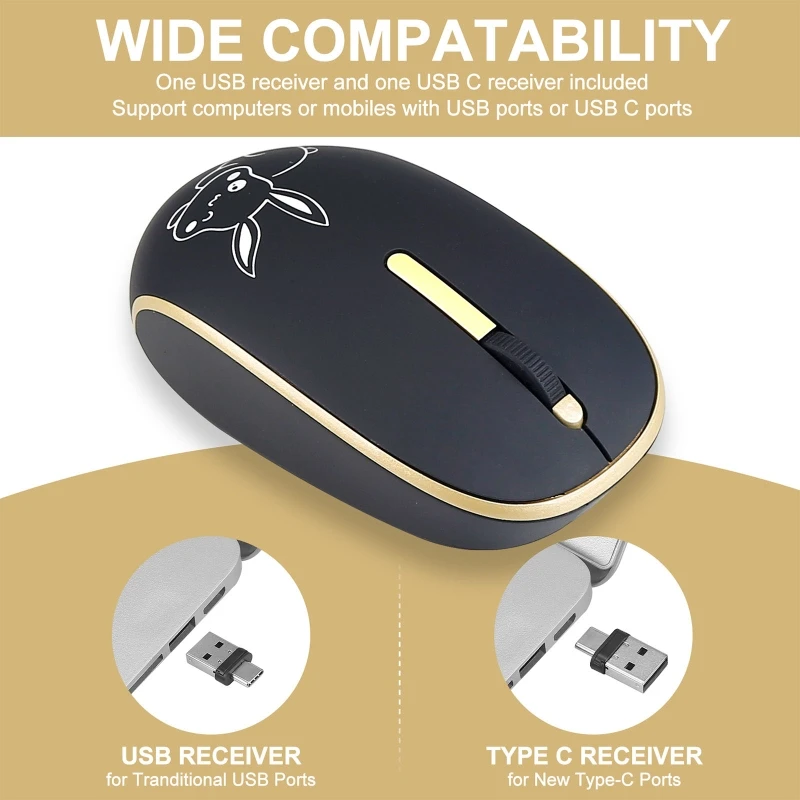 무선 마우스 2.4G 저소음 인체공학적 1200DPI(USB 수신기 Type-C 어댑터 포함)
