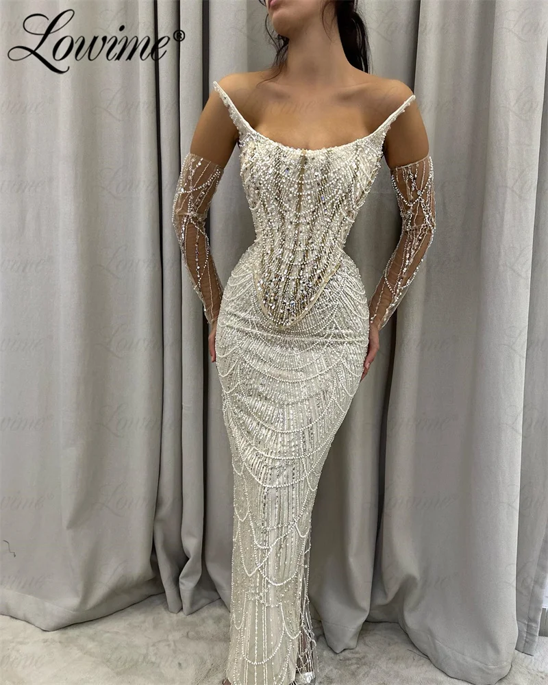

Pearl Full Beaded Ivory Party Dresses Mermaid Corset Long Formal Evening Gowns Women Arabic Wedding Prom Dresses Robes De Soirée