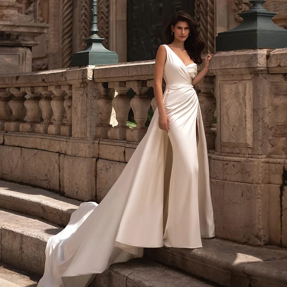 

Simple Satin Mermaid Wedding Dress with Detachable Train Classic Robe De Mariage Off the Shoulder Trouwjurk Beading Bridal Gowns