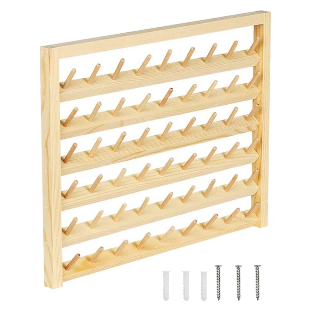 

54 Spool Sewing Thread Stand, Wall Mount Sewing Thread Stand with Hook, Wooden Embroidery Storage Rack Holder Needlework Tool