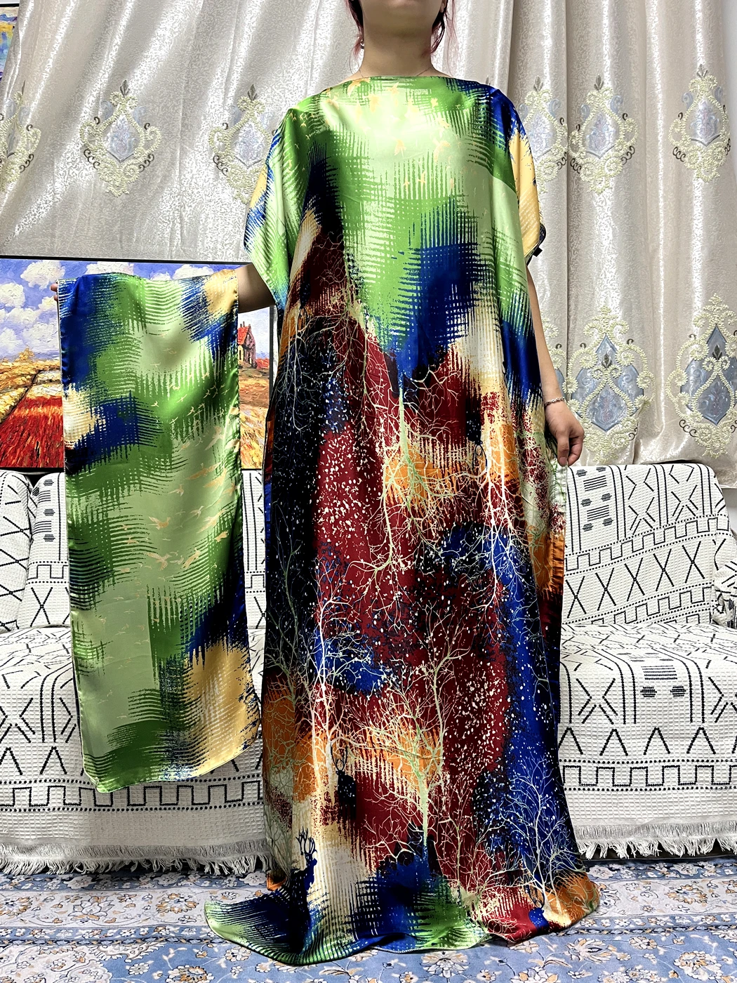 Muslim Abayas For Women 2023 Colour Silk Stains Sets Loose Femme Robe Turkey Islam African Party Dresses With Hijabs Turban Belt