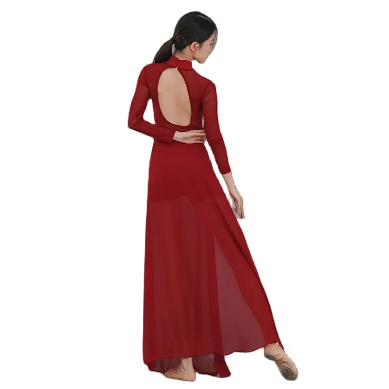 

Chinese Fashion Red Dancing Dress Hollowed Back High Split Long Sleeves Strand Collar Chiffon Performance Women Dresses