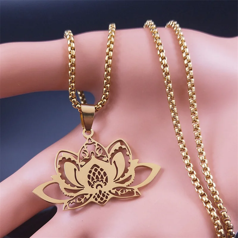 Yoga Lotus Flower Chakra Necklace Gold Color Buddhist Symbol Necklaces Lucky Amulet Spiritual Jewelry colier femmes N3386S02