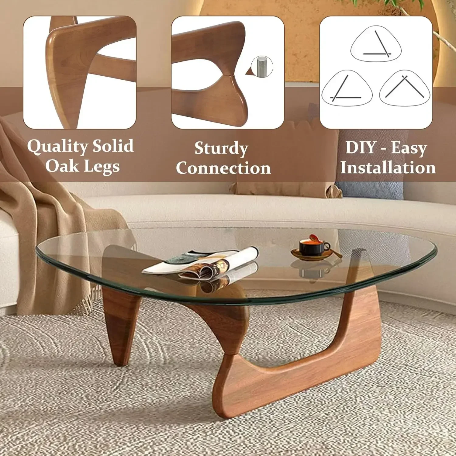 Coffee Tables for Living Room-Triangle Glass Coffee Table with Wooden Base Mid-Century Modern Abstract End Table