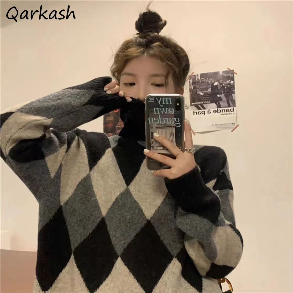 

Argyle Loose Pullovers Women Korean Style Fashion Students All-match Streetwear Turtleneck Vintage Long Sleeve Sweater Knitting