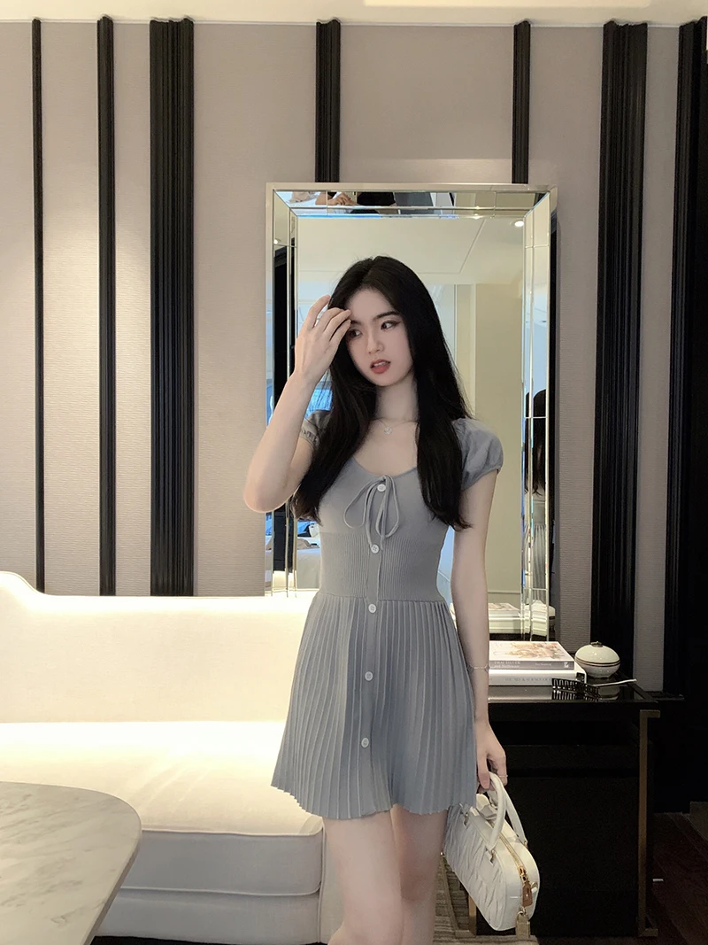 Sexy Knitted Dresses for Women V-neck A-Line Pleated Mini Dress Korean Fashion Solid Autumn Knitting One Piece Vestido Mujer New