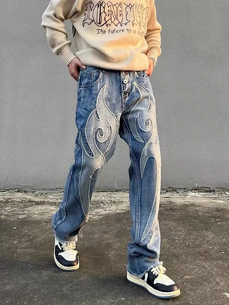 

High Street Embroidered Washed Jeans, Men's and Women's Trendy Brands, Small Style Design, Patchwork, Loose Straight Leg Pants