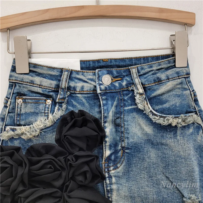 European Style Flower Design Raw Edge Denim Skirt Shorts for Women 2024 Summer New Retro Stretch High Waist A- Line Hot Pants