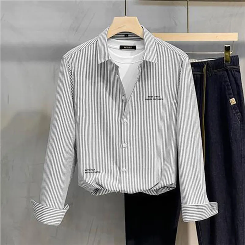 Elegant Fashion Harajuku All Match Blusa Stand Collar Button Stripe Long Sleeve Shirt Loose Casual Sport Slim Fit Male Clothes