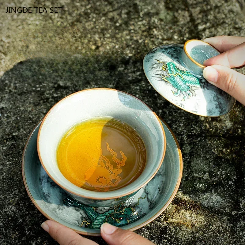1PCS ceramic gaiwan tea bowl Chinese retro handmade drawing twelve zodiac animals dragon made teacup high-end tea set gift