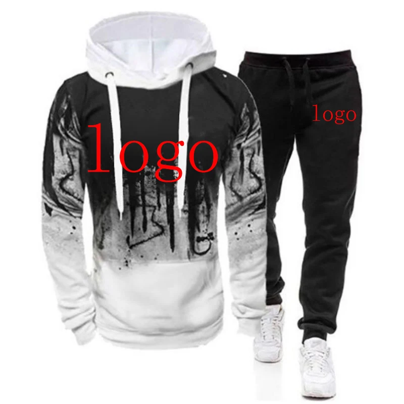 Customized Logo Printing Fashion 2023 New Man's Spring and Autumn Gradual Color Cotton Hoodies Tracksuit Sweatpants 2-Piece Set