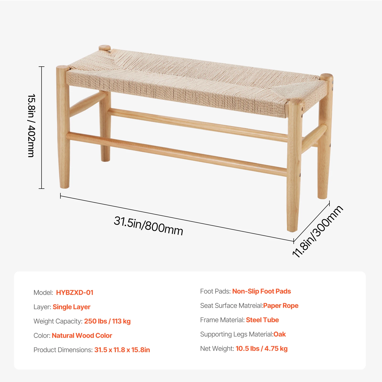 Wooden Rattan Bench with Oak Legs for Bedroom Entryway