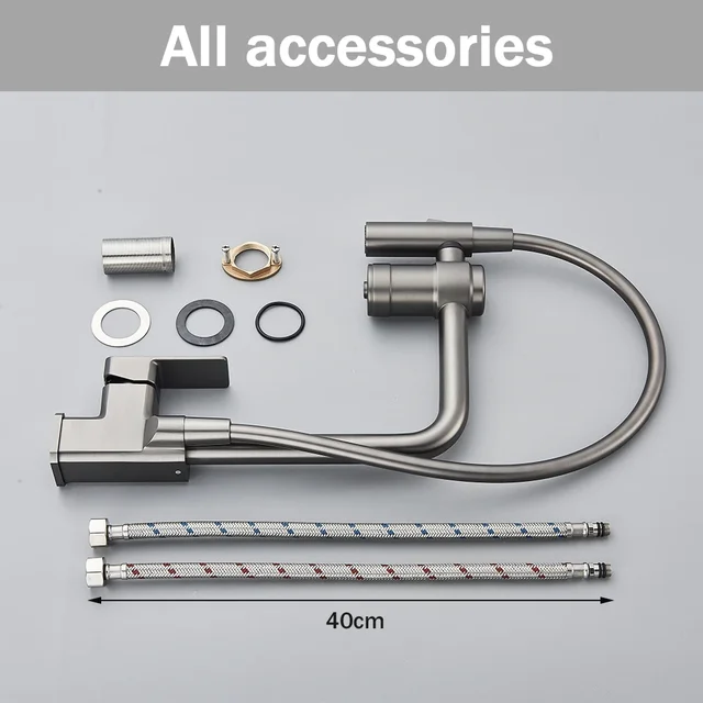 ก๊อกน้ำกรองน้ำสีเทาแบบปืน ก๊อกน้ำห้องครัวแบบดึงลงได้ สีดำ หัวฉีดแบบ 2 in 1 ก๊อกน้ำดื่มทองเหลือง หมุนได้ 360 องศา ก๊อกผสมน้ำกรอง 5