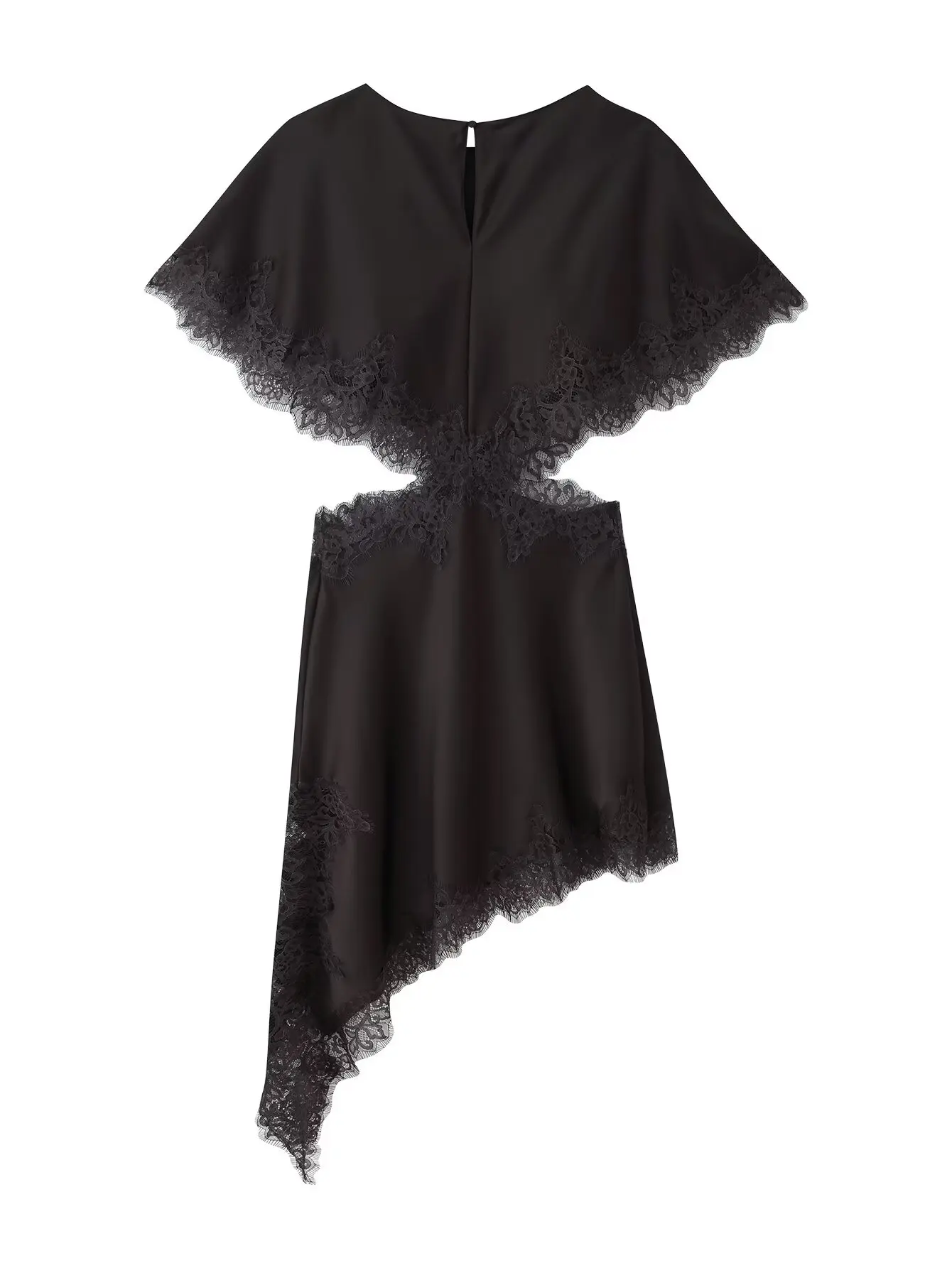 HH Frühling Damen Kurzarm-Kleid mit Öffnungsdesign Asymmetrische Spitzendekoration Vielseitiges Casual-Kleid mit Rundhalsausschnitt Mini-Kleid – Detail 3
